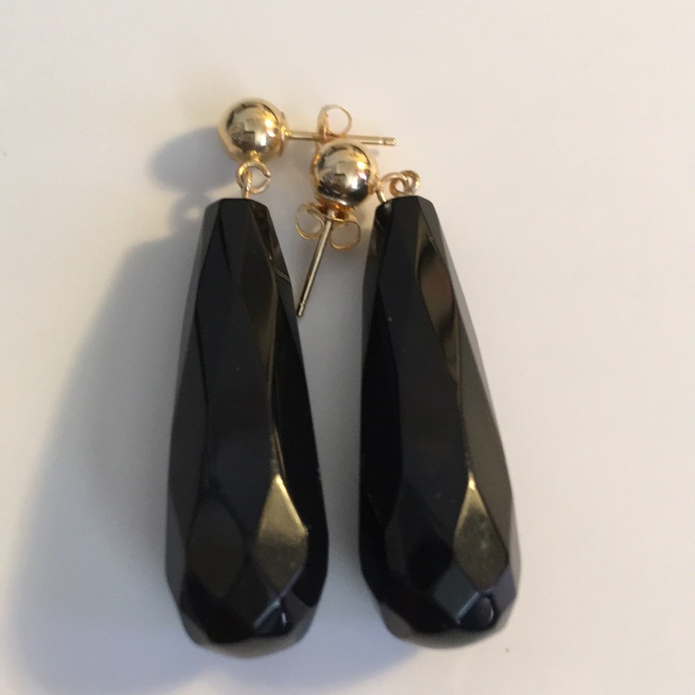 Earrings Black Onyx 14kt Gold Dangle Barrel - Picture 2 of 5